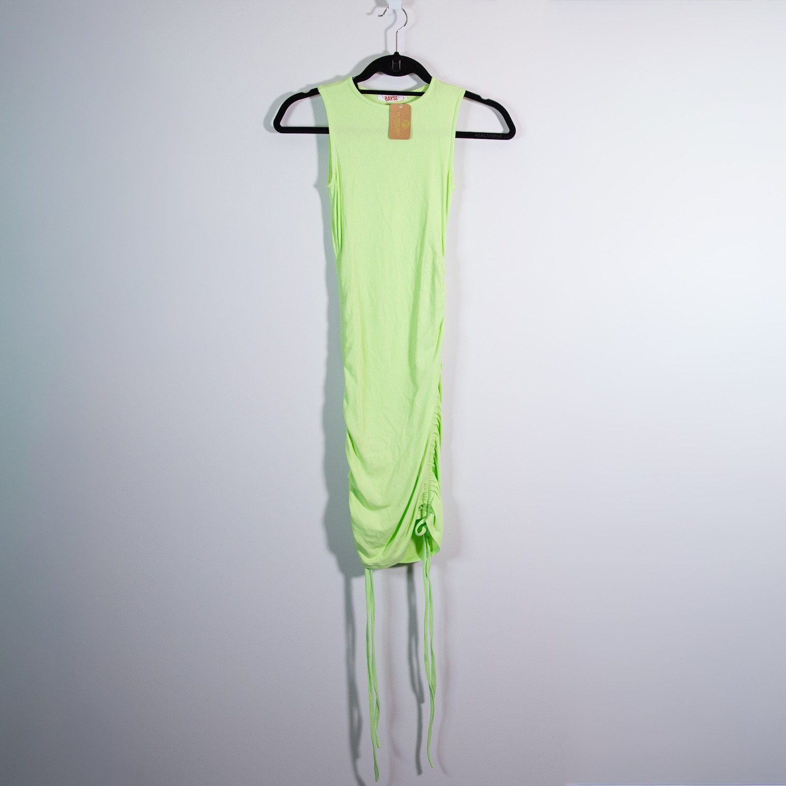 NEW Bayse Ribbed Knit Stretch Ruched Sleeveless Scoop Neck Tank Dress Green S