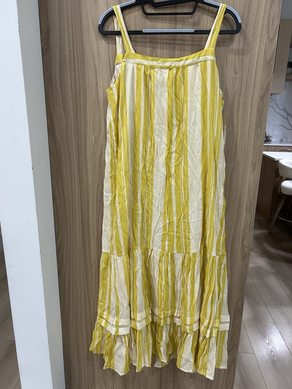 June & Hudson yellow white Ruffle Maxi Tiered Dress Party Vacation Resort Large