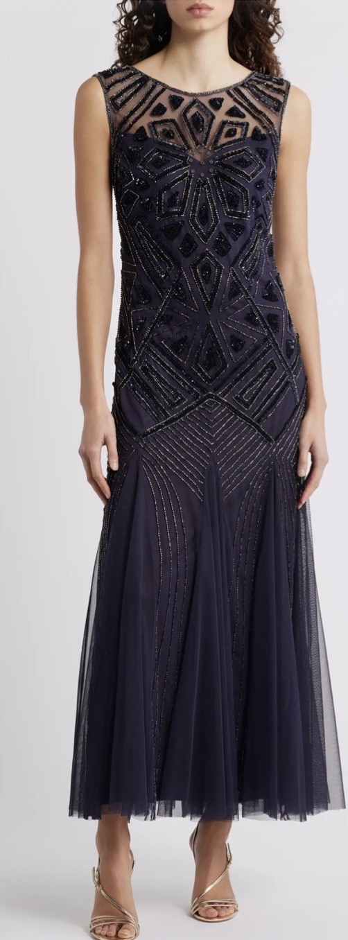 Pisarro Nights Geometric Beaded Mesh Sleeveless Gown Size 20 New Plum