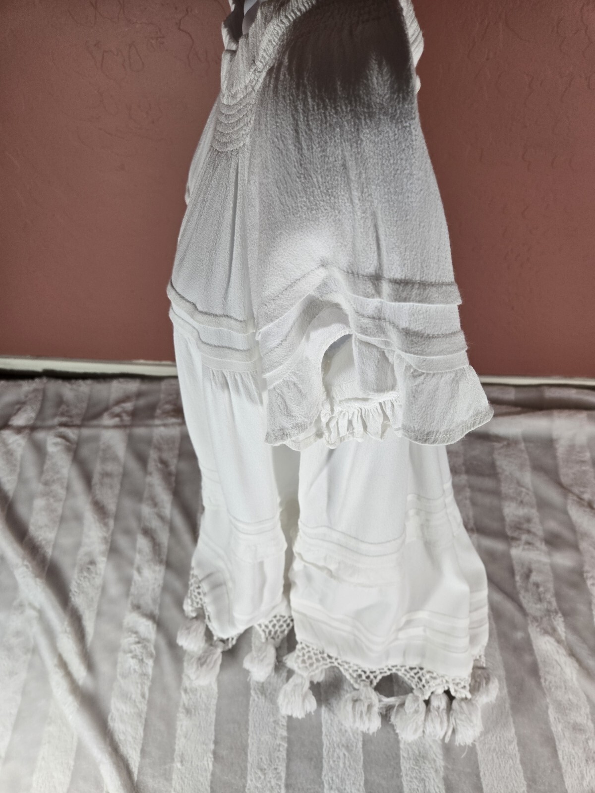Vintage Havana White Off The Shoulder Tiered Crochet Fringe Hem Dress Size S