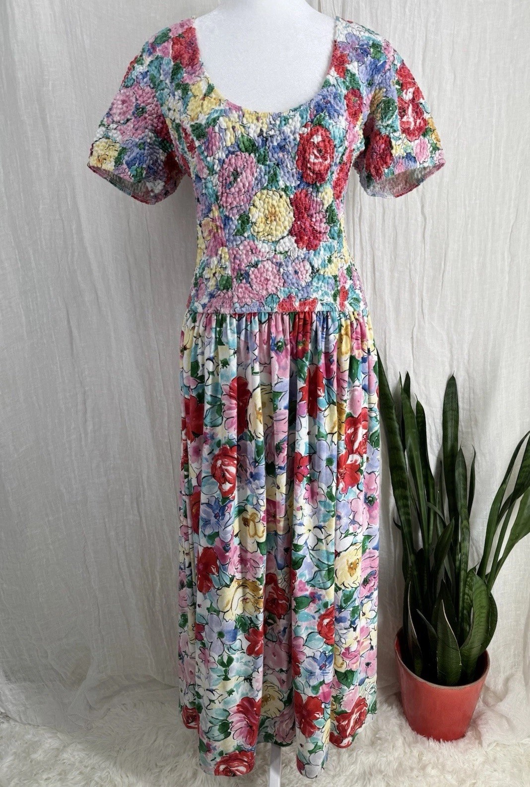 Vtg 90s Drop Waist Floral Maxi Dress M Cottage Kidcore Smocked Eclectic Colorful