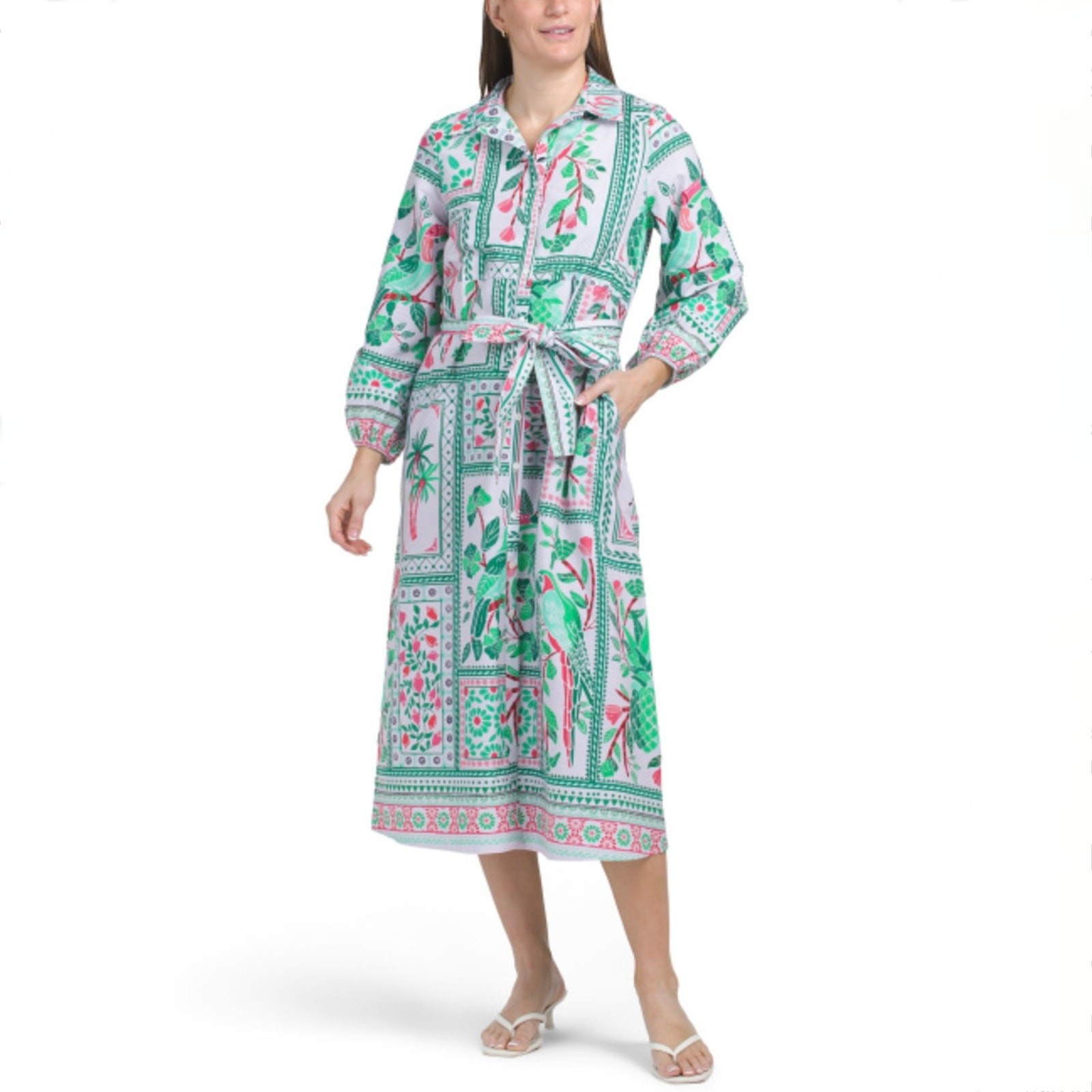 NWT CELINA MOON Long Sleeve Tile Print Midi Dress – White Green Pink – Size S