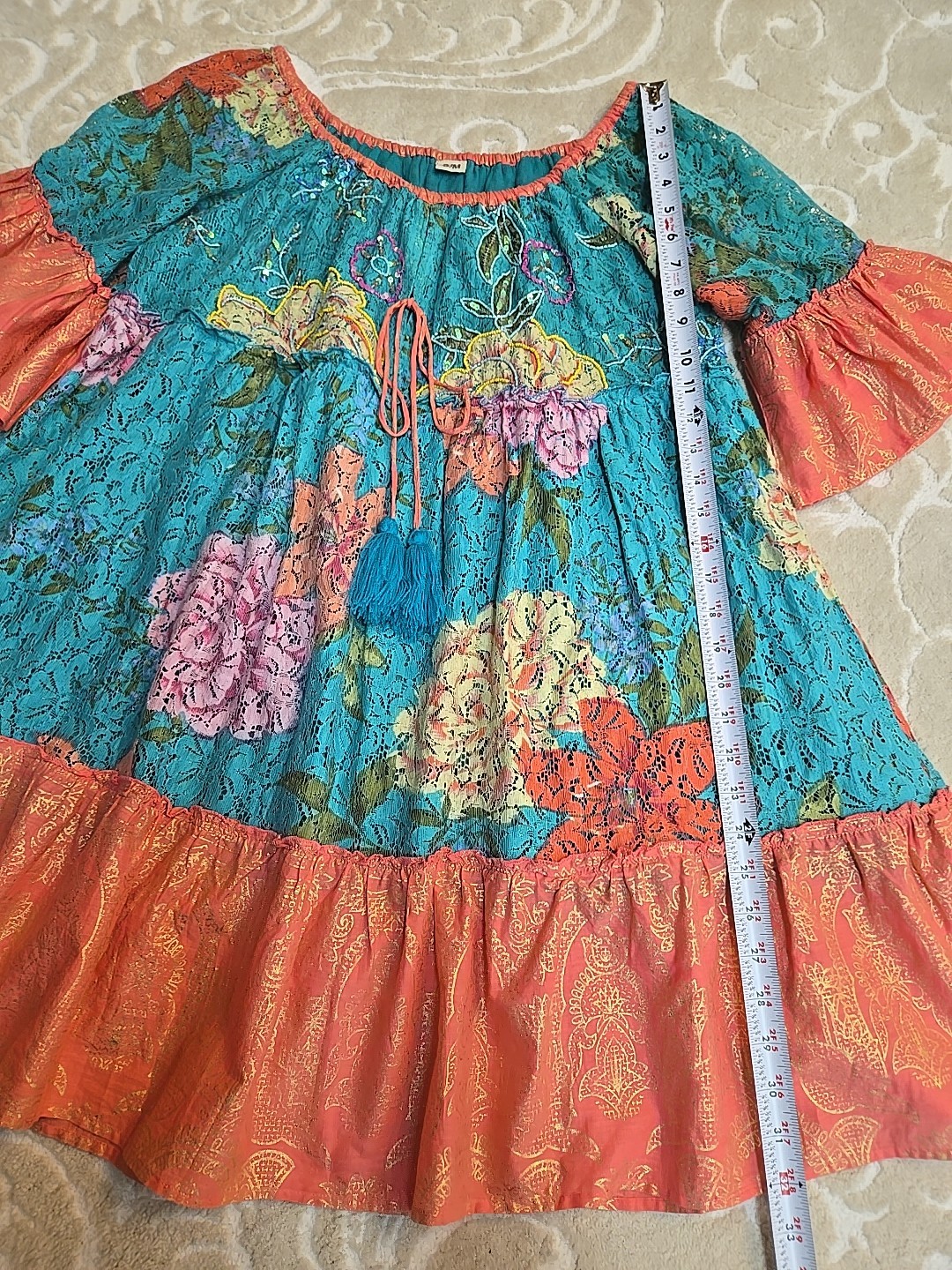 NWOT Boho Embellished Colorful Beaded And Sequin Ruffle Details Mini Dress S/M