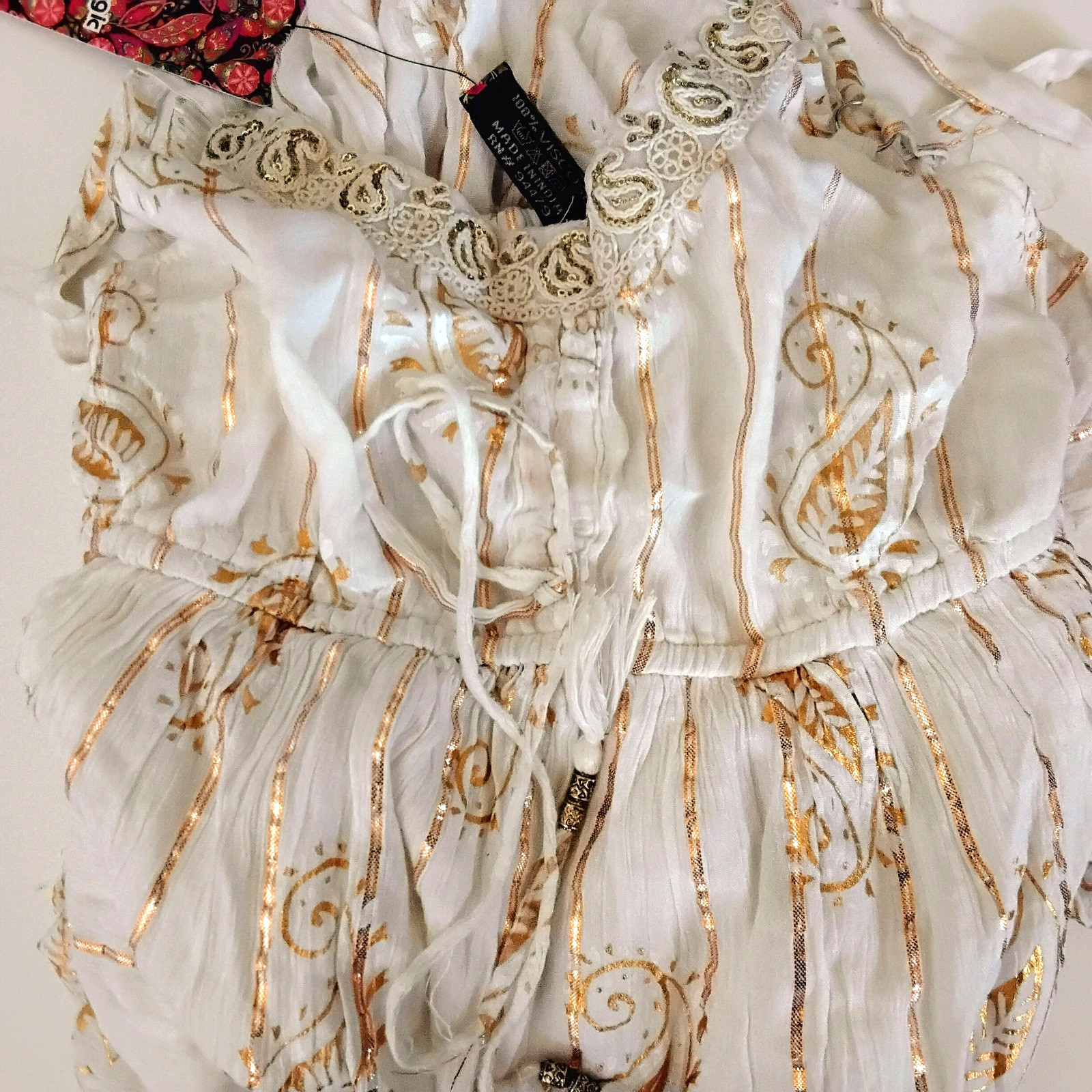 NWT Me 2 Magic Anthropologie Maxi Dress S Ivory Gold Lurex Smocked Embroidered