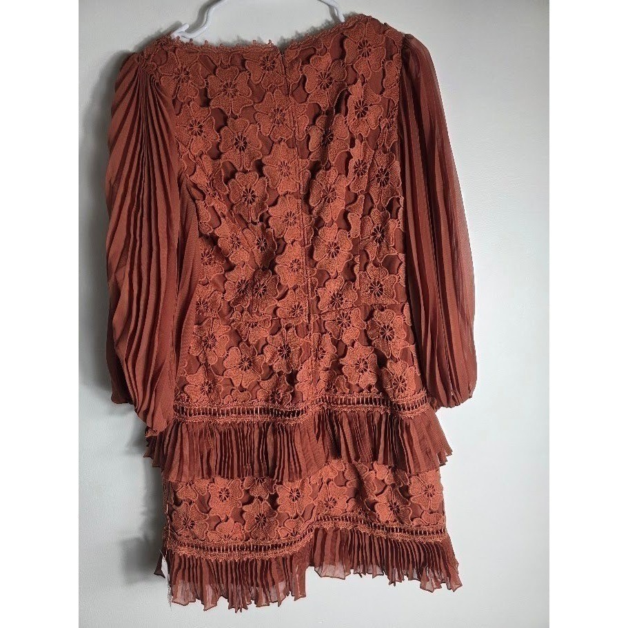 Designer Rust Floral Lace NO BELT NWT Pleated Ruffle Mini Dress Square Neck