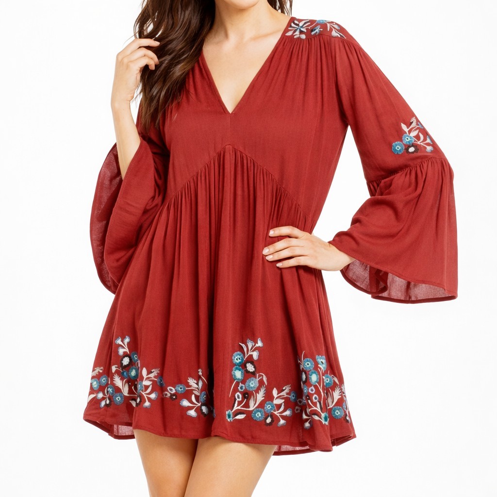 Free People~Te Amo~Womens Babydoll Dress~Red Blue Embroidery~Bell Sleeve~Medium