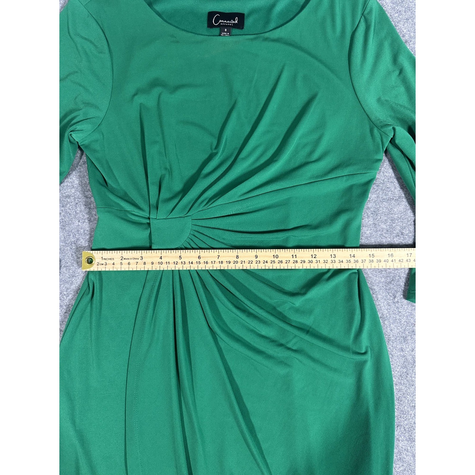 Connected Apparel Faux Wrap Sheath Dress 8 Green Bell Sleeve Gathered Sunburst
