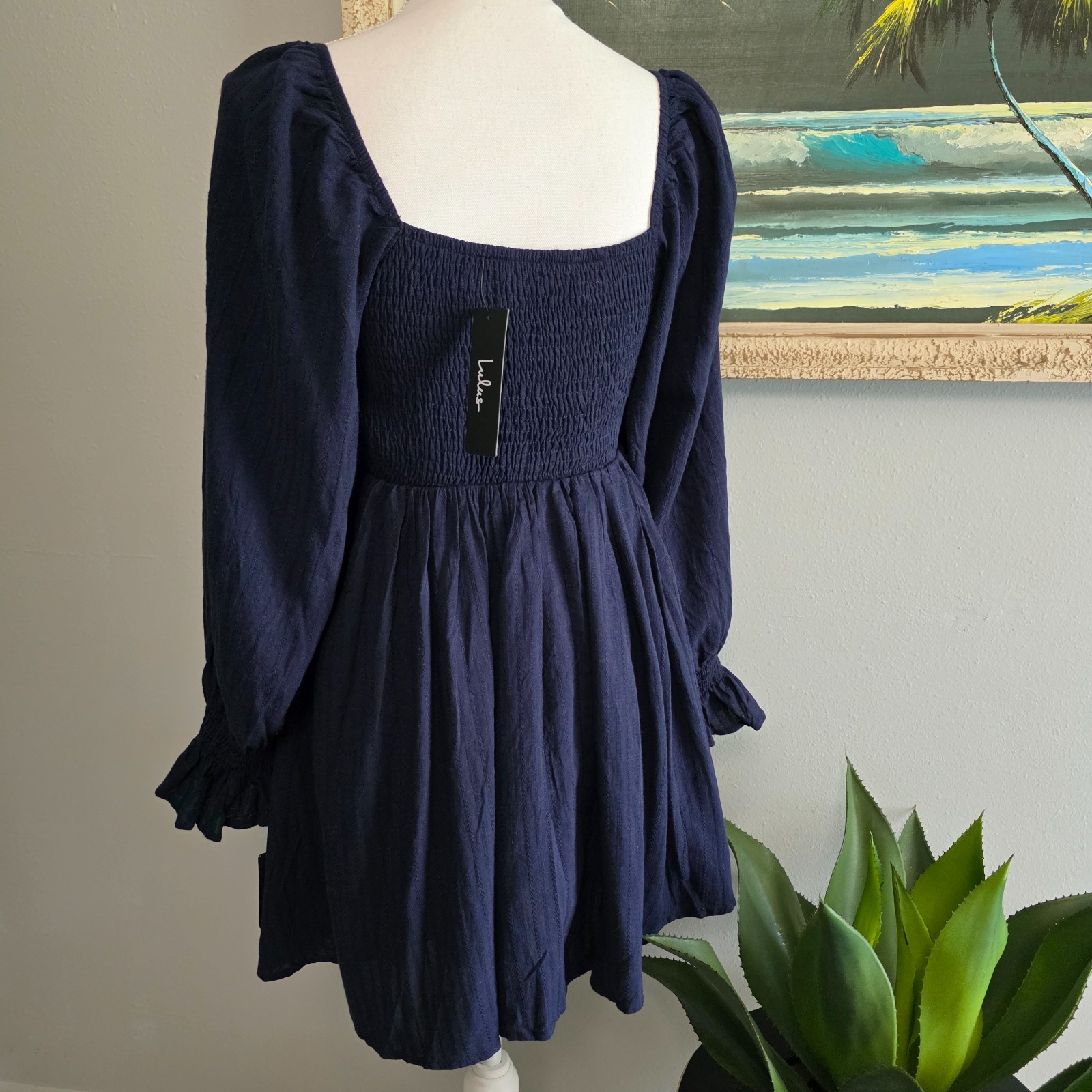 Lulus Navy Smock Gathered Top Bell Sleeve Dress size XS NWT