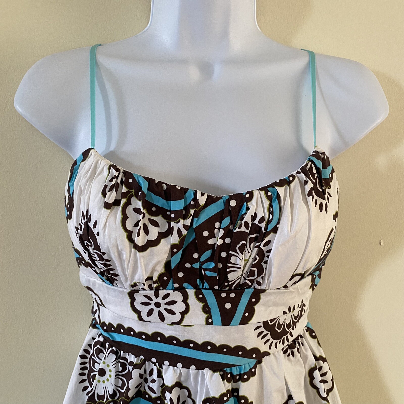 Ruby Rox Size 3 Women’s Blue Brown & White Paisley Sundress Spaghetti Strap, Tie