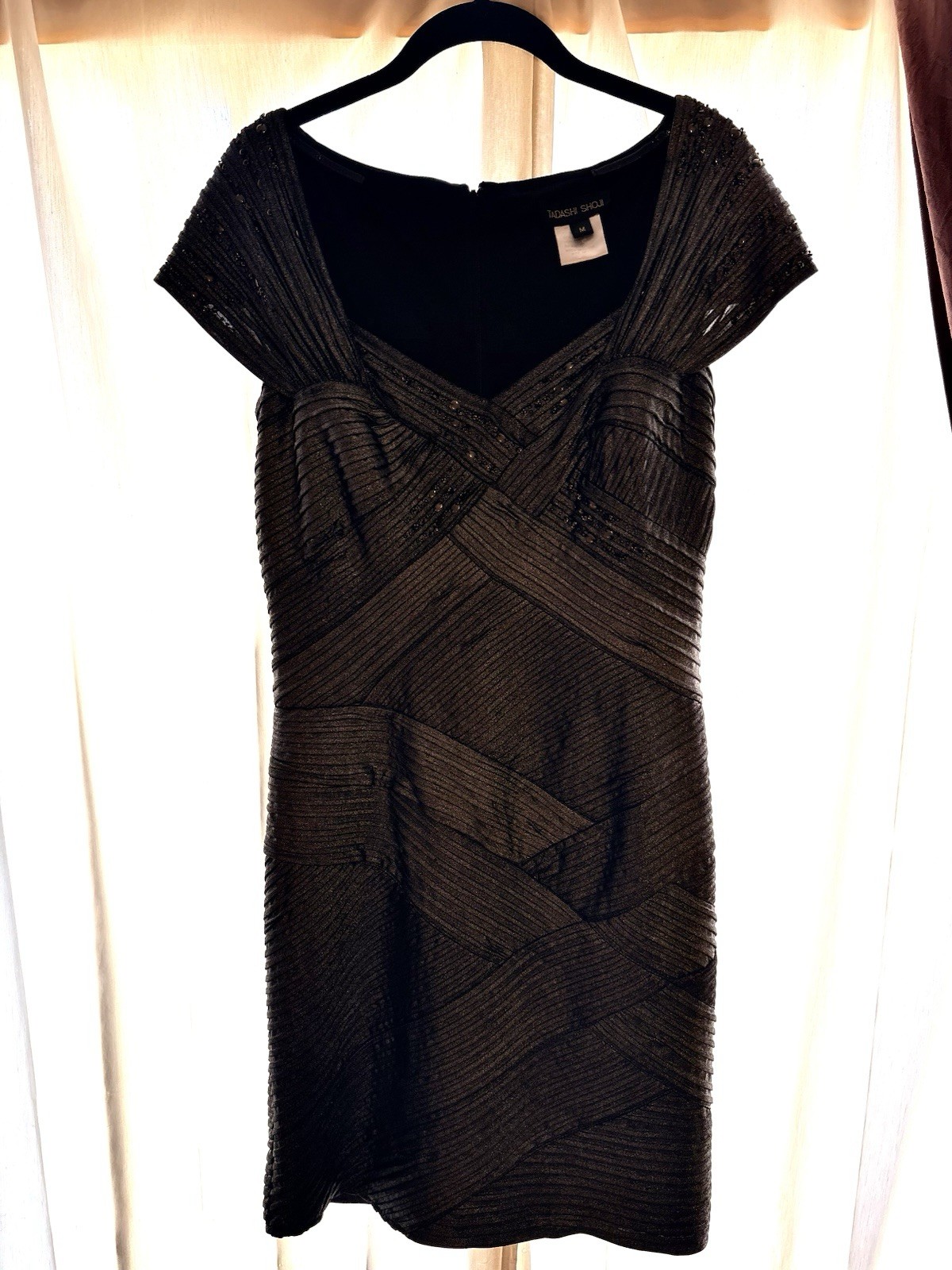 TADASHI SHOJI PLEATED METALLIC JERSEY SHEATH DRESS sz M