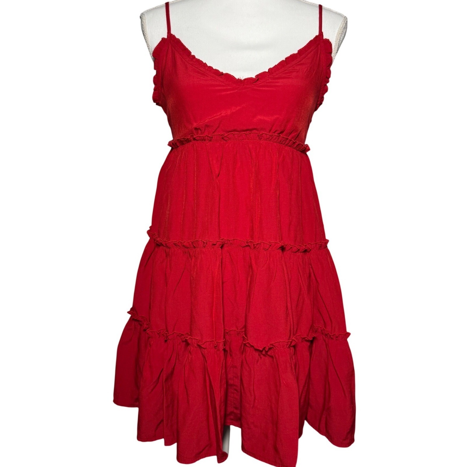 Entro Tiered Babydoll Mini Dress S Red Ruffle Tie Back Americana 4th of July