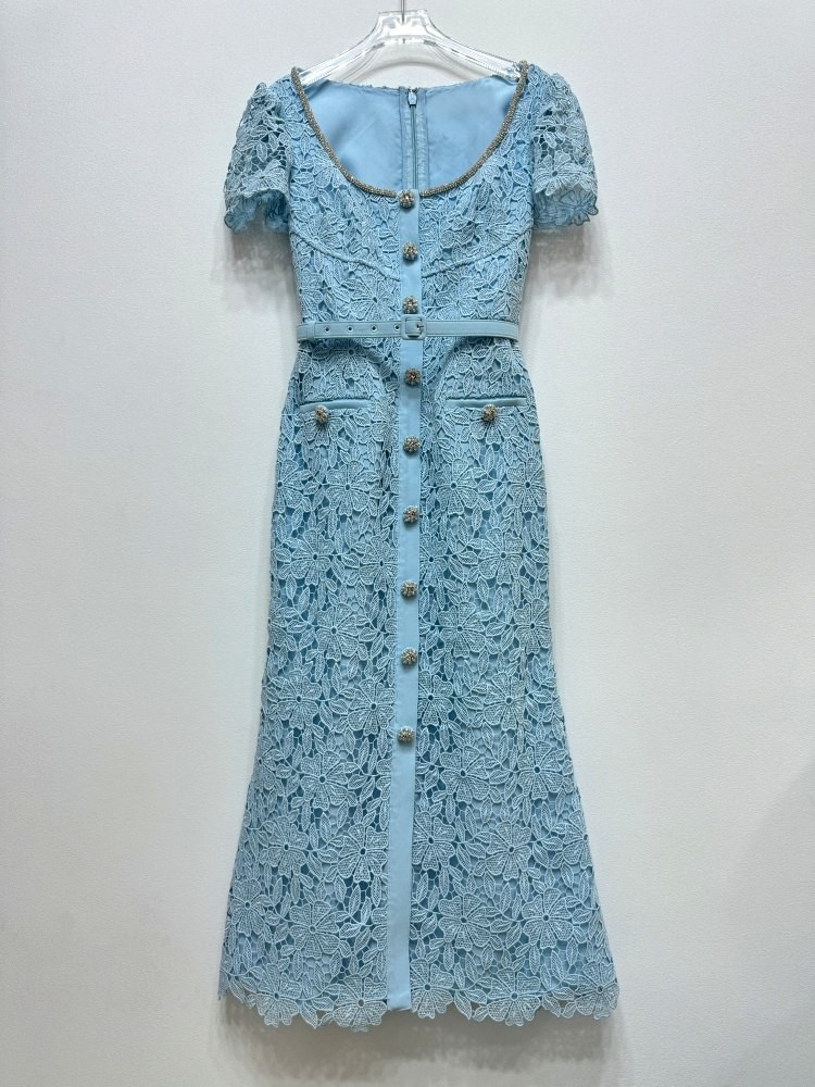 French Style Womens Lace Slim Short Sleeve Square Neck Mid Long Fishtail Dresses