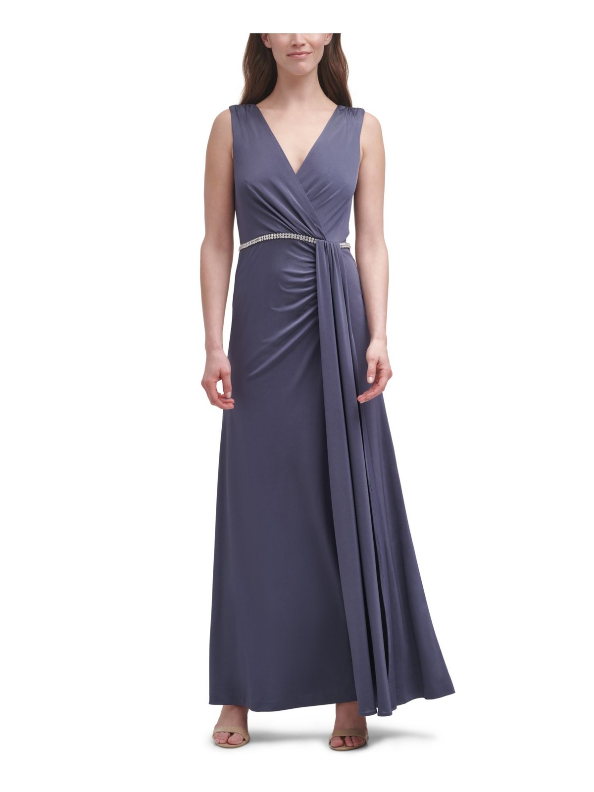 VINCE CAMUTO Womens Gray Gown Sleeveless Full-Length Evening Faux Wrap Dress 12