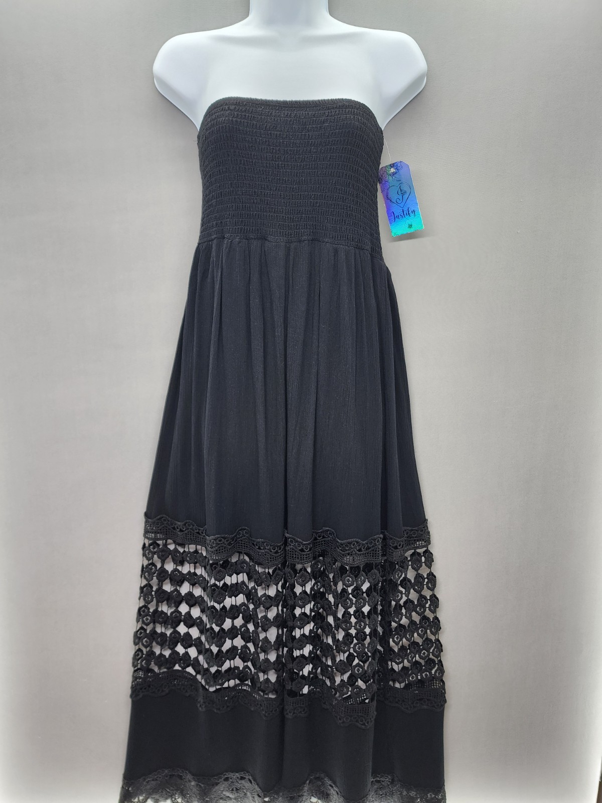 Justify L Black Strapless Smocked Maxi Dress Lace Insert Panel Crochet Lace Boho