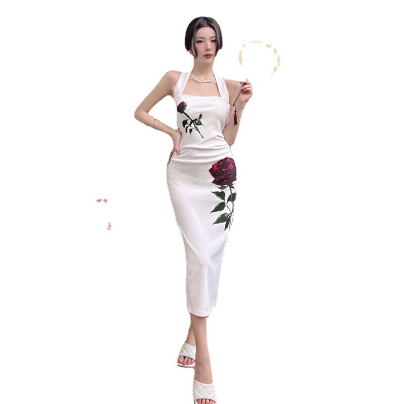 Women Sexy Open Back Mid Length Split Dress Summer Slim Fit Wrap Hip