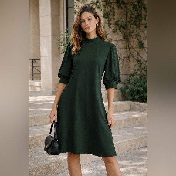 Zara Dark Green Dress XL Puff Sleeve High Neck Keyhole Back Modest Clean Girl