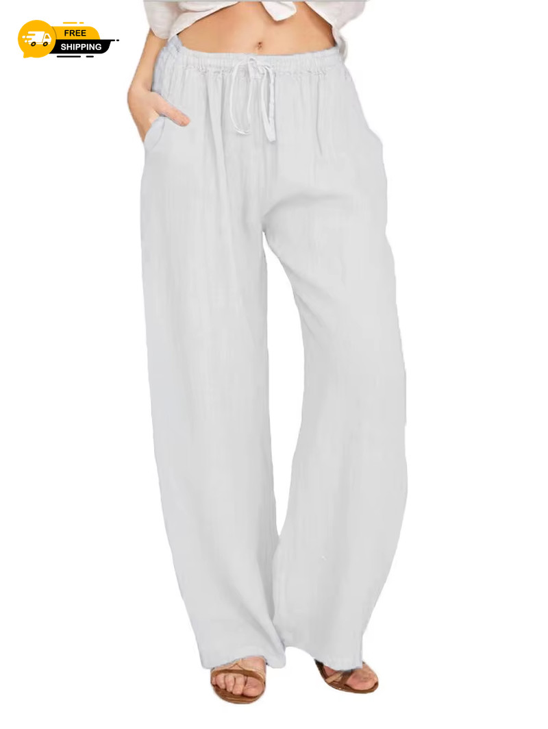 Linen Pants Summer and Autumn Solid High Waist Wide-Leg Trousers Female Loose He