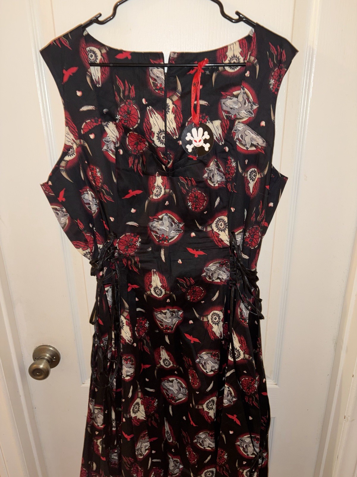 Hell Bunny 3XL Black Red Wolf Graphic Print Fit & Flare Tie Waist Dress
