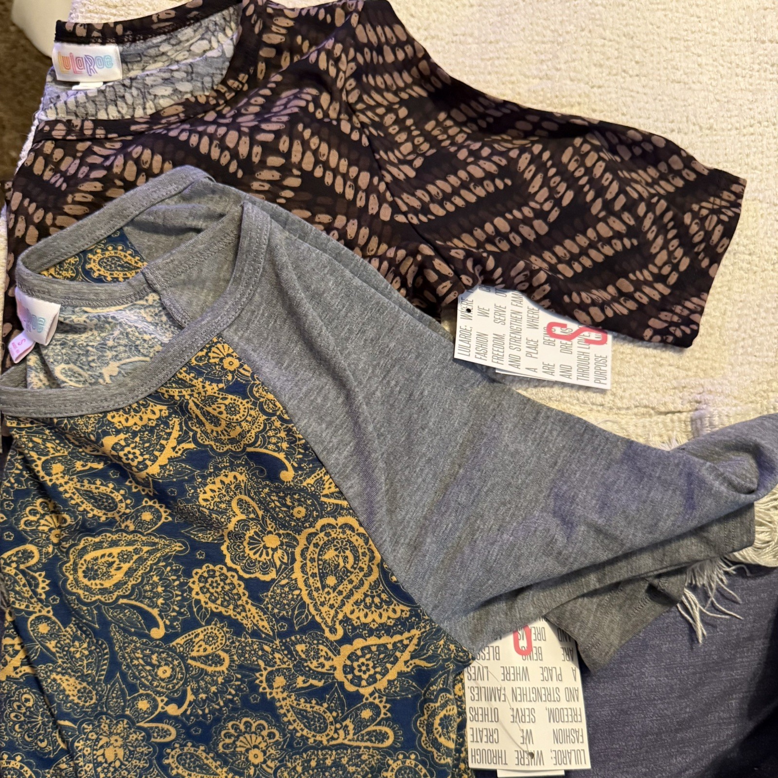 Set of 2 LuLaRoe Julia Dresses Size S Blue Gold & grey sleeves & brown & beige