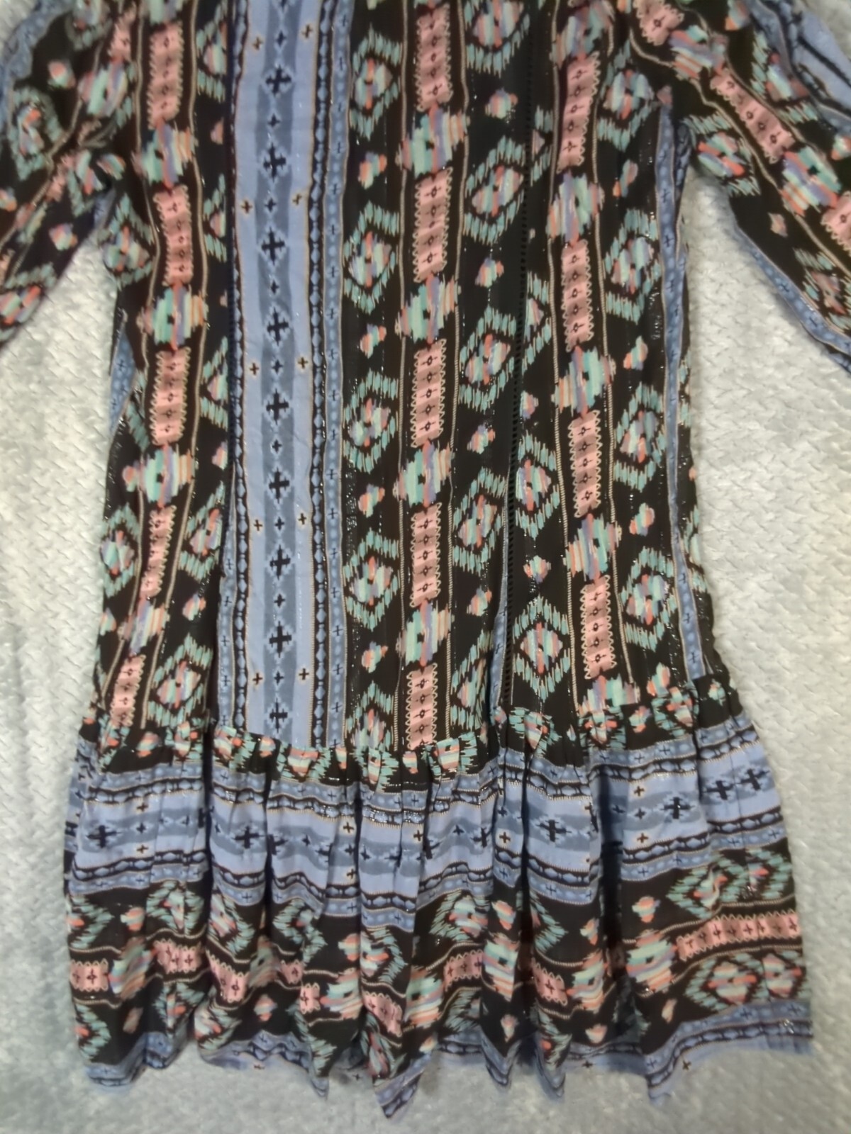 Holding Horses Anthropology Women’s Southwest Print Dress Ruffle Tassles XS Blue