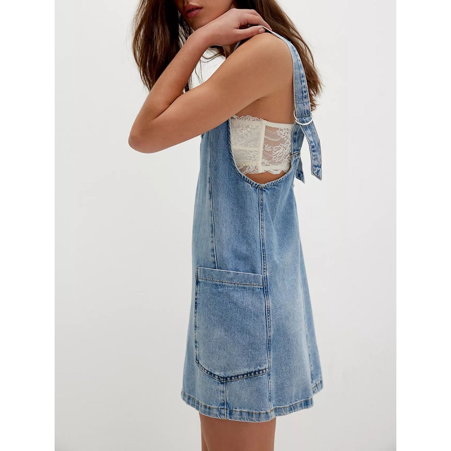 Free People High Roller Skirtall Medium Denim Overall Mini Dress Western Boho