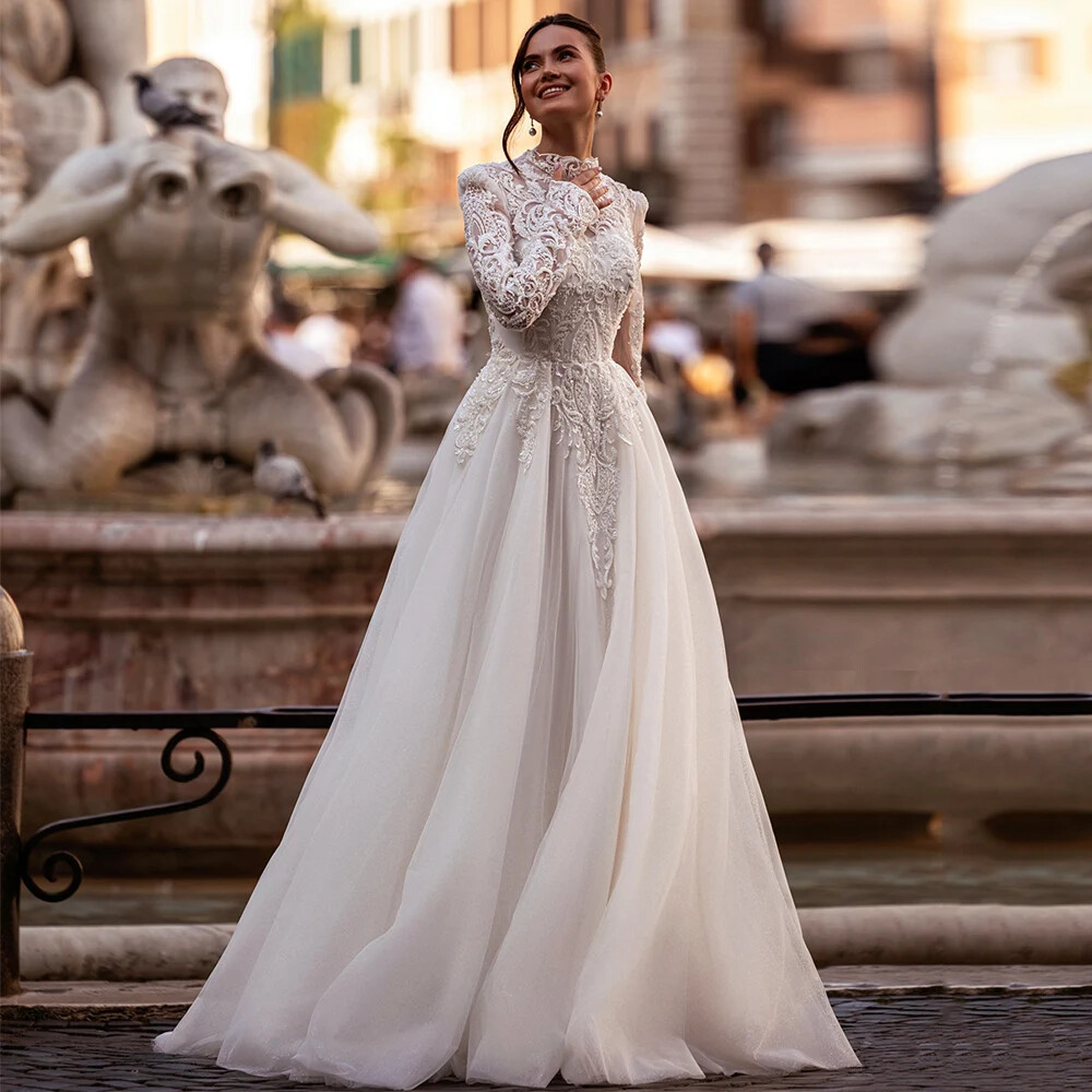 High Neck Tulle Wedding Dresses Long Sleeve Applique Buttons Back Bridal Gowns
