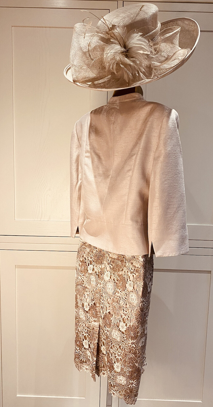 Jacques Vert Oyster Lace Overlay Dress UK 10 & Shantung Edge To Edge Jacket 12