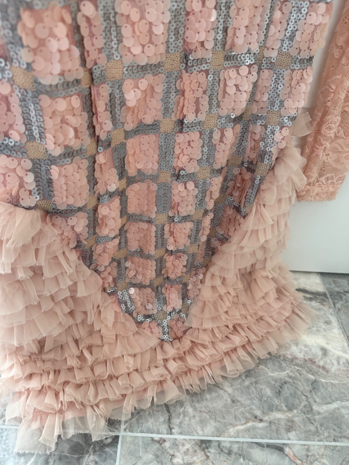 Sendi Vela Stunning peach and Silver sequinned dress laced long sleeves sz small