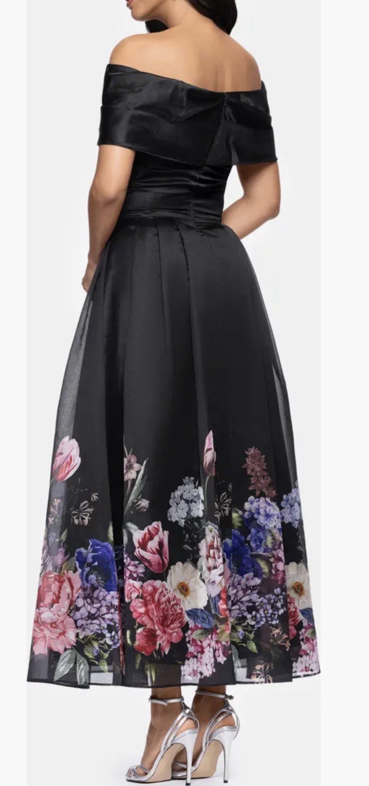 New Betsy & Adam Placed Floral Off the Shoulder Gown In Black/Red Size 4 $279