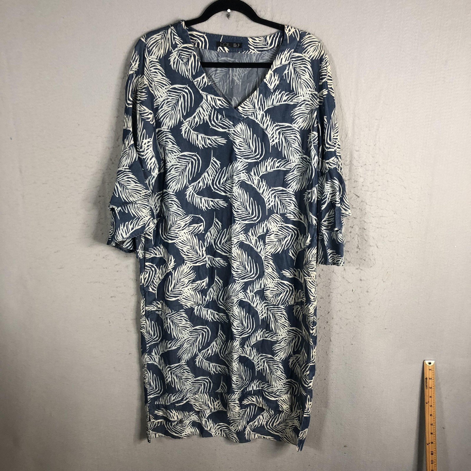 Foil Dress Womens 8 Blue White Leaf Print Tencel Bell Sleeve Casual Summer