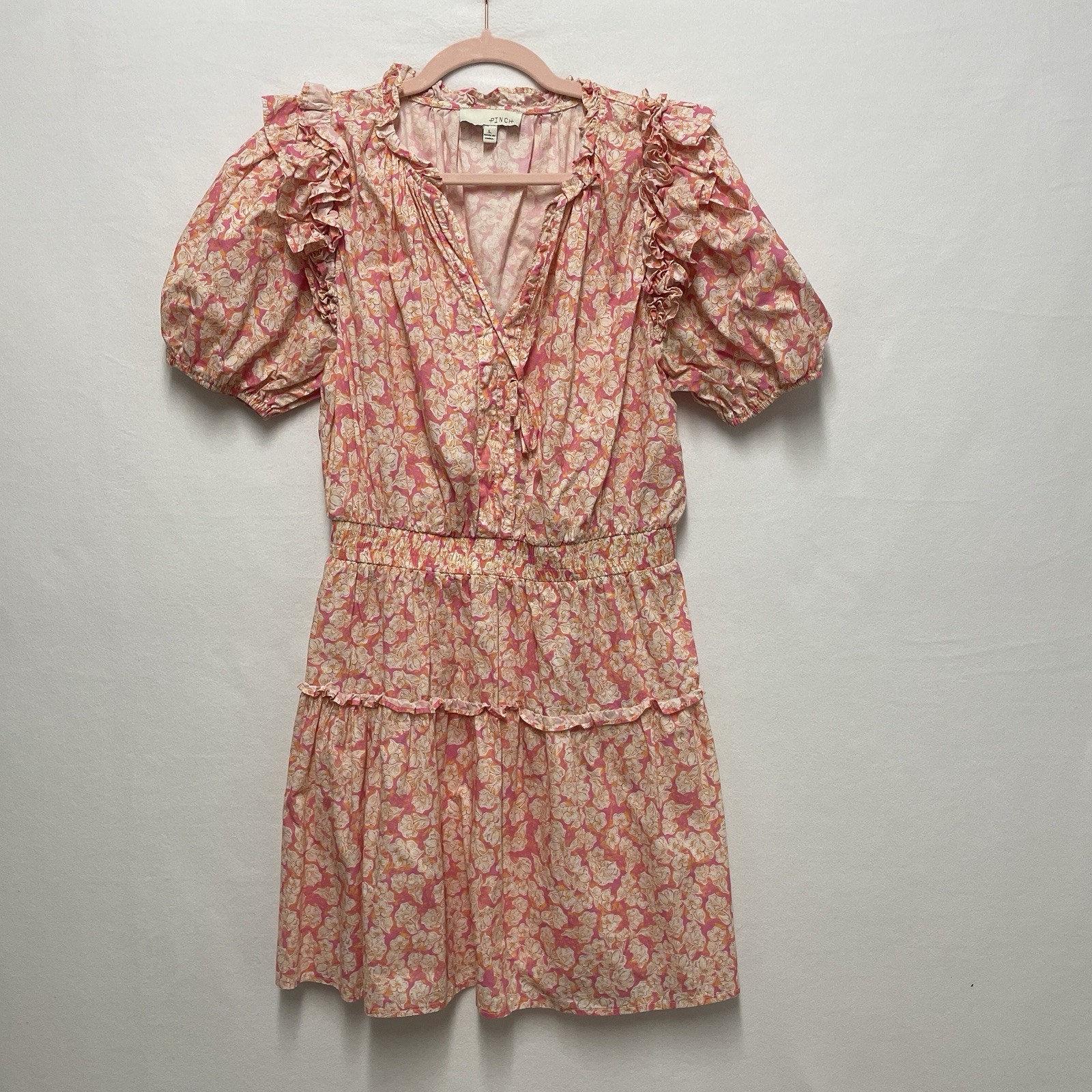 Pinch Women’s Pink Floral Ruffle Tiered V Neck Tassle Knee Length Dress L
