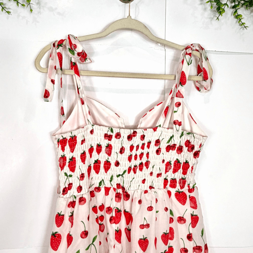 Crystal Doll Midi Dress Womens Large White Red Strawberry Cherry Print Tiered
