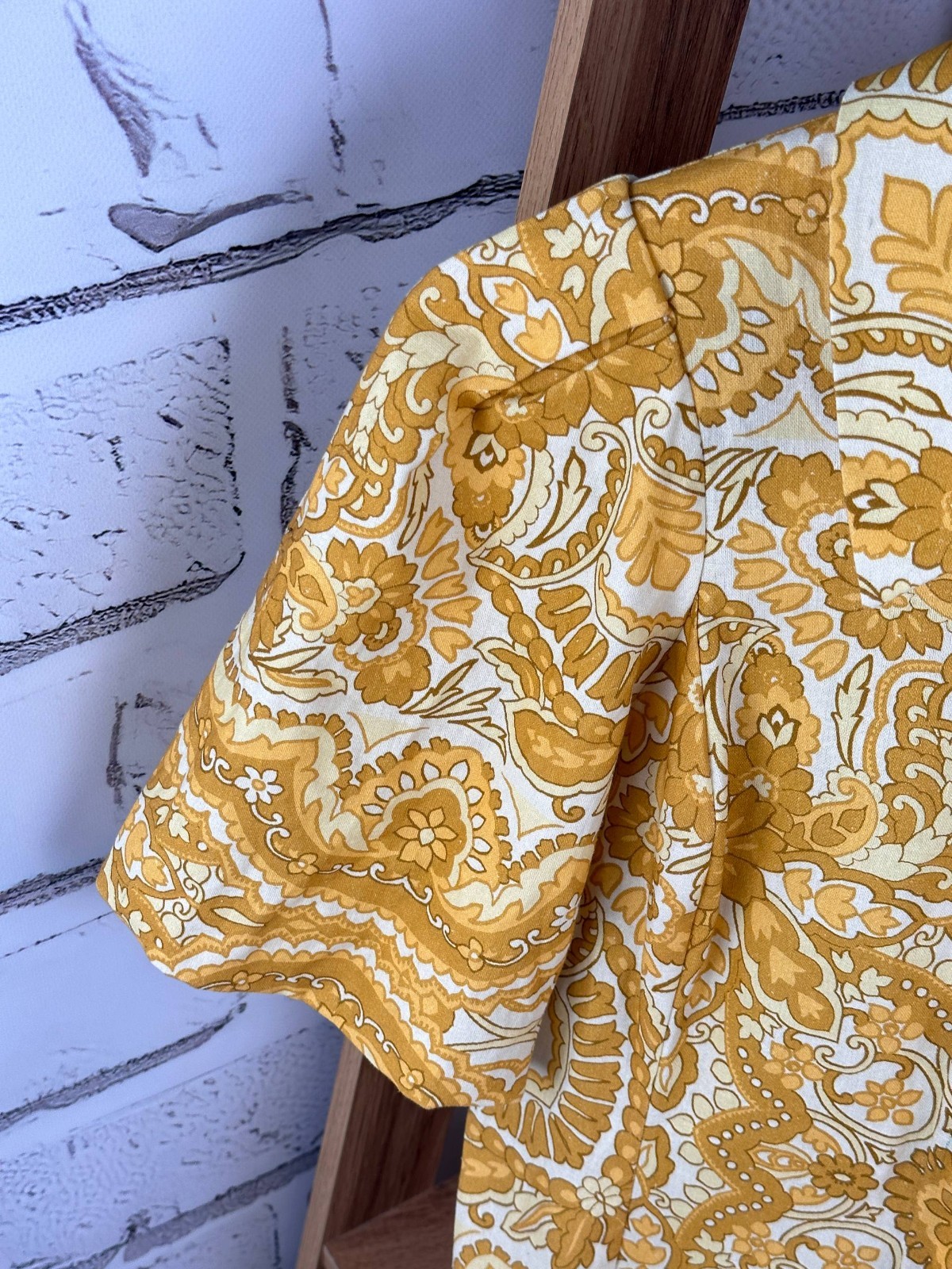 Sezane Paris Etia Pattern Short Sleeve Dress Cotton Linen Long Yellow Size 38