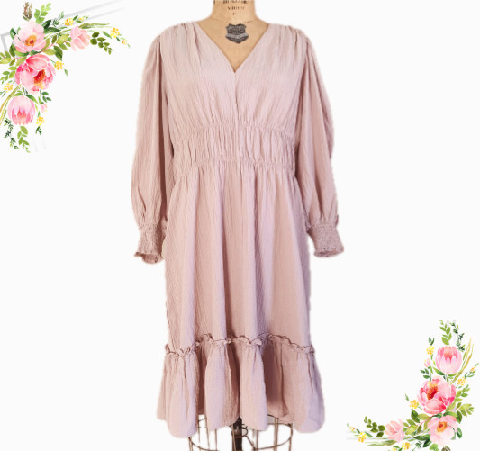 Calvin Klein Blush Pink Dress 12 Smocked Gauze Slv Ruffle Midi Cottage Romantic