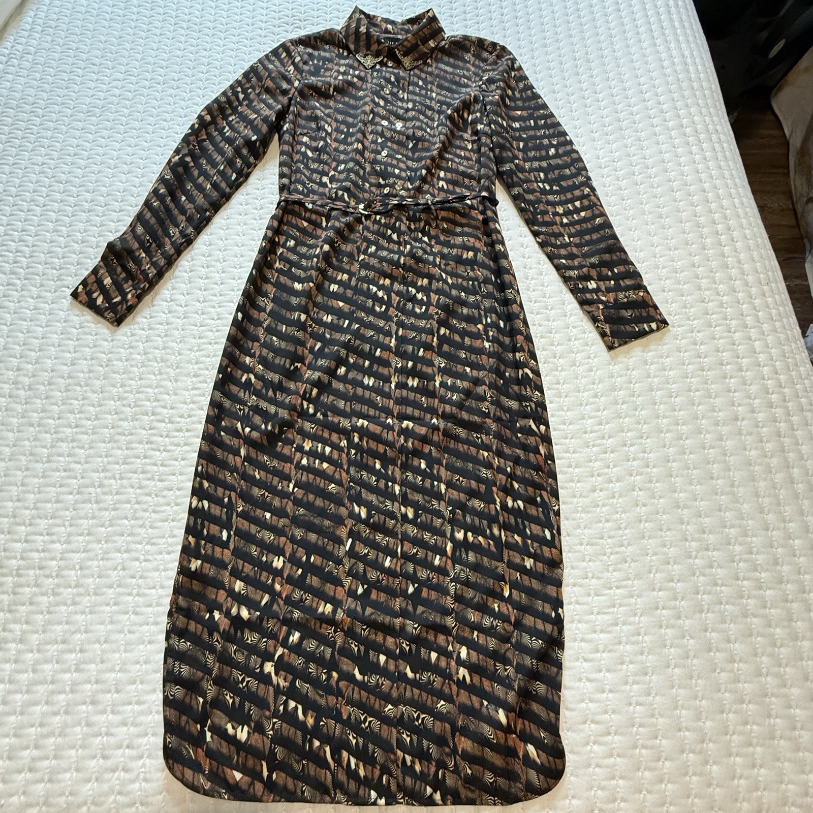Ted Baker Langley Shirt Dress Midi Black Brown Animal Print Sz 2 / US S Small
