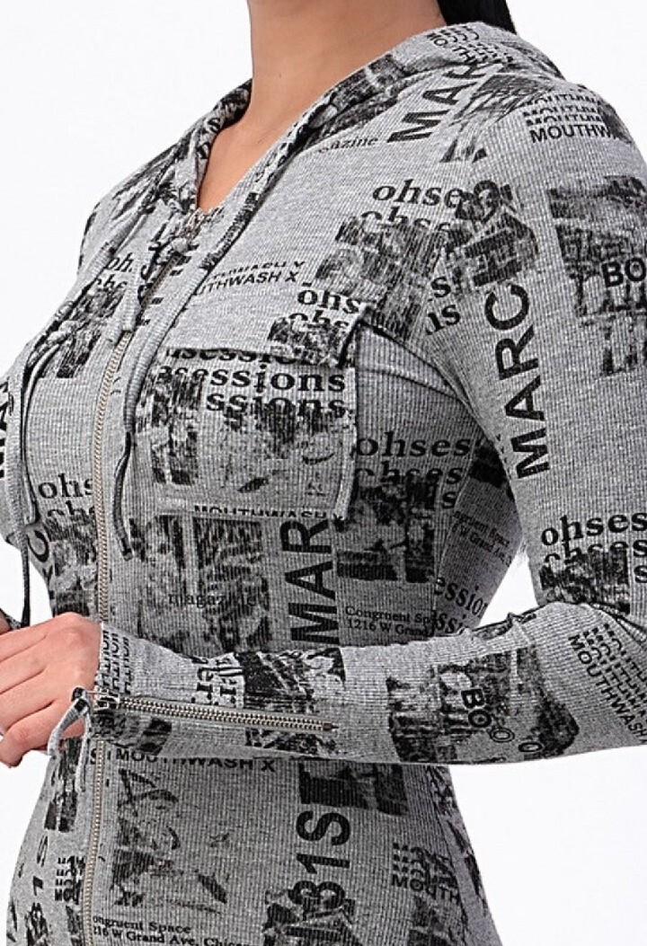 Magazine Print Tan/Gray Hooded Long Sleeve Bodycon Dress