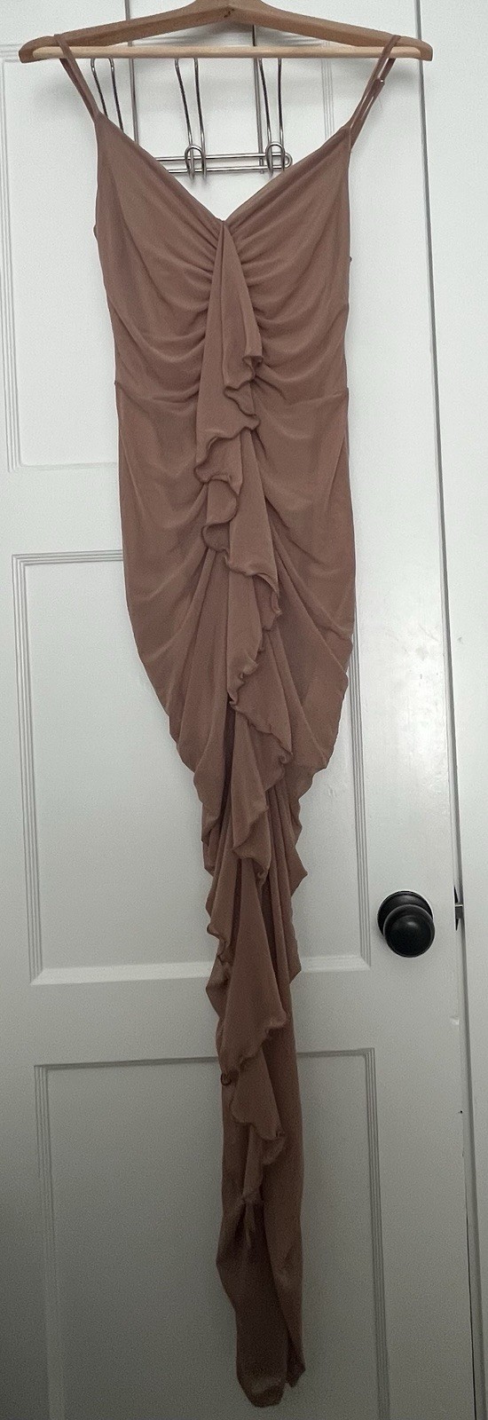 Womens Brown Ruched Ruffle Mesh V-Neck Bodycon Long Dress SheinM Lined StretchG5