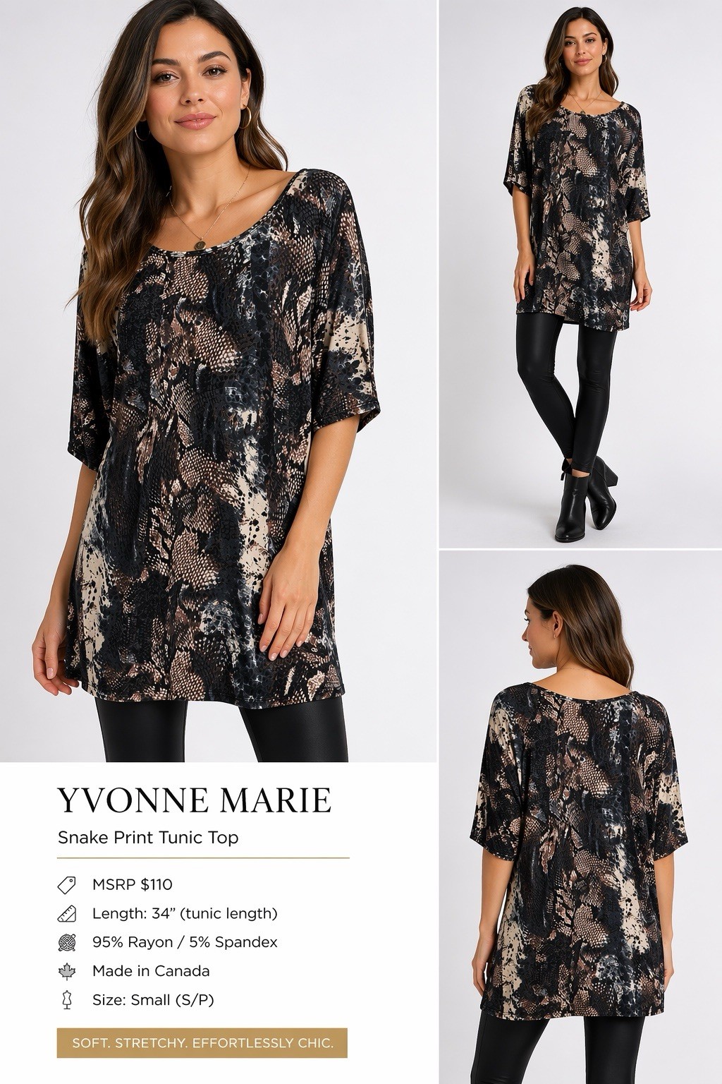 Yvonne Marie Snake Print Tunic Top Small Brown Black Stretch Mini Dress Length