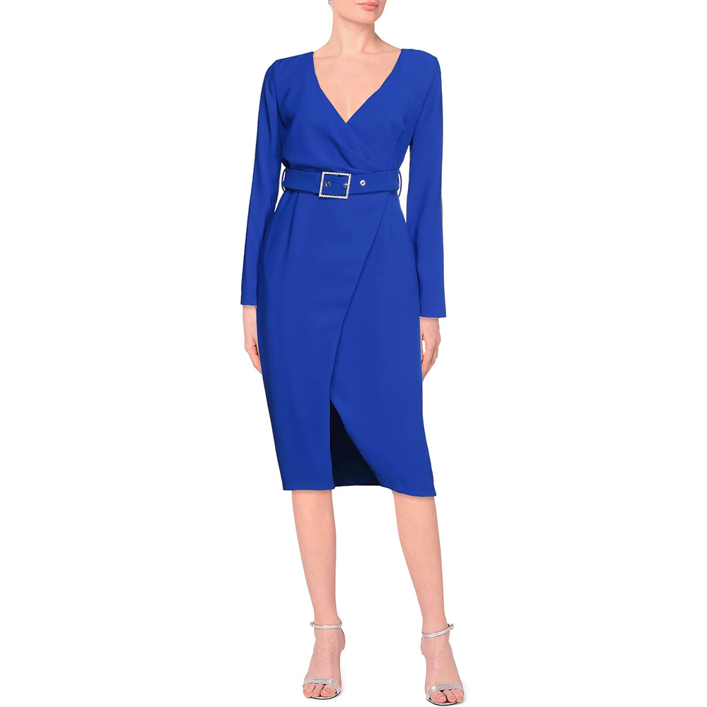 PINKO Wrap Dress Belted Midi Office Day Dress Electric Blue Size 40 – RP £517.00