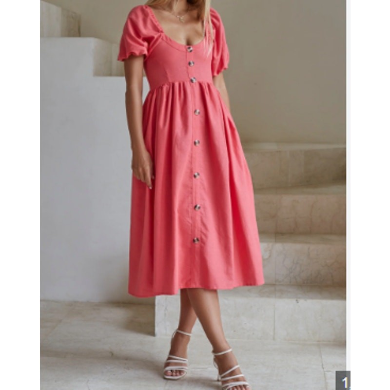 ELF Women’s Adele Midi Dress Coral Pink 100% Linen Sz S