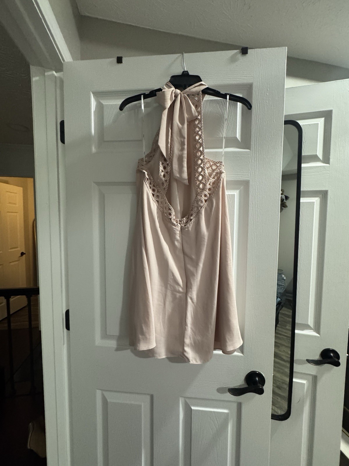 Lulu’s Any Sway Blush Pink Halter Mini Dress Crochet Trim Open Back Size L