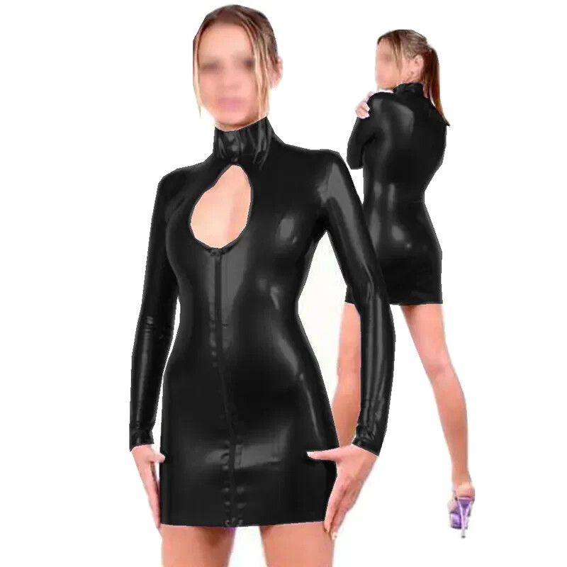 Sexy Buckle Neck PVC Mini Dress Women Long Sleeve Exotic Nightclub Party Dresses