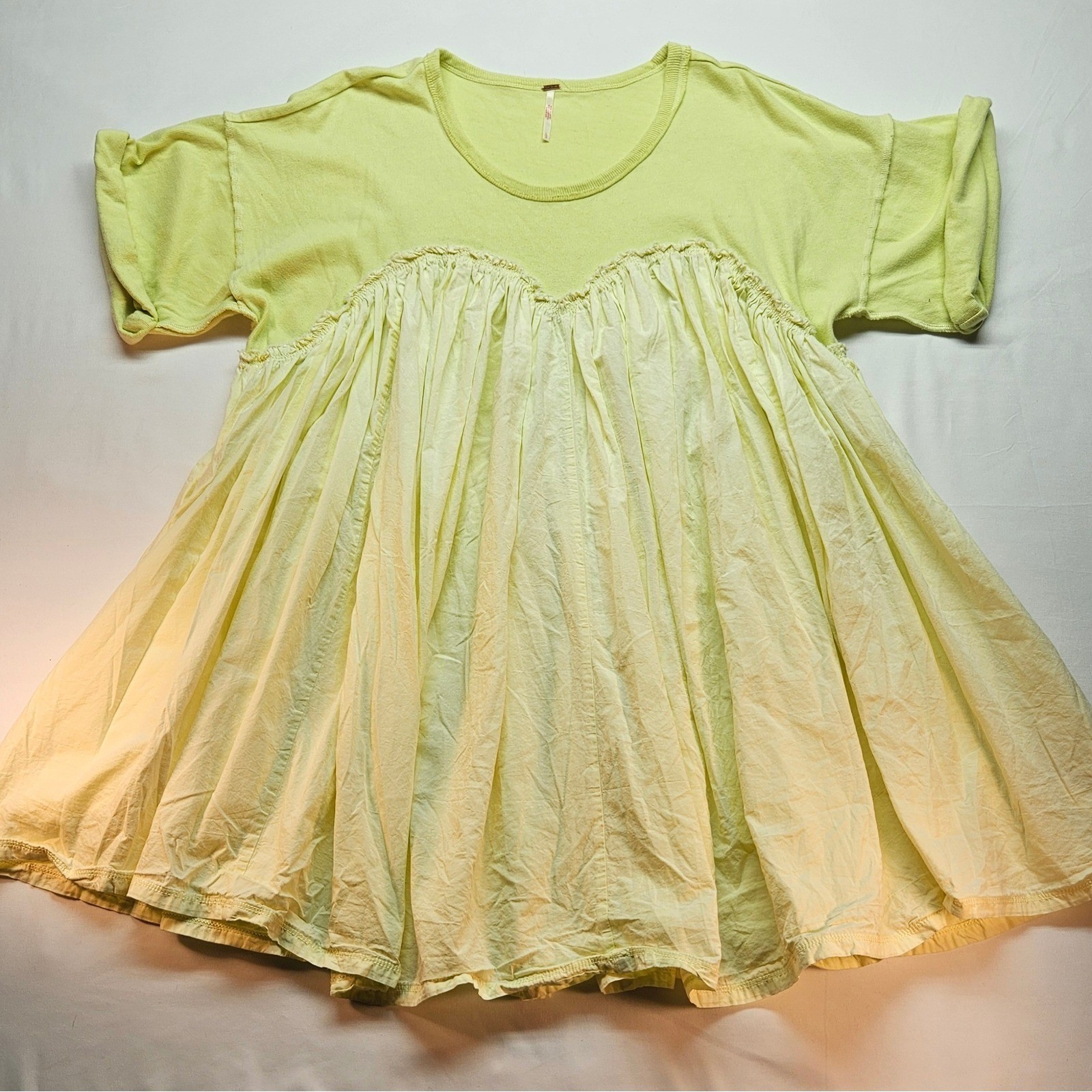 Free People Lime Green Mixed Media Babydoll Mini Dress Short Sleeve Size L