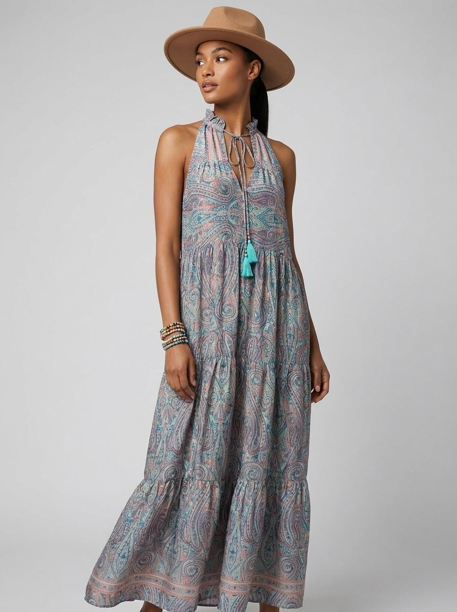 Rhea Women One Size Silk Blend Teal Pink Paisley Maxi Dress Boho Tiered Festival