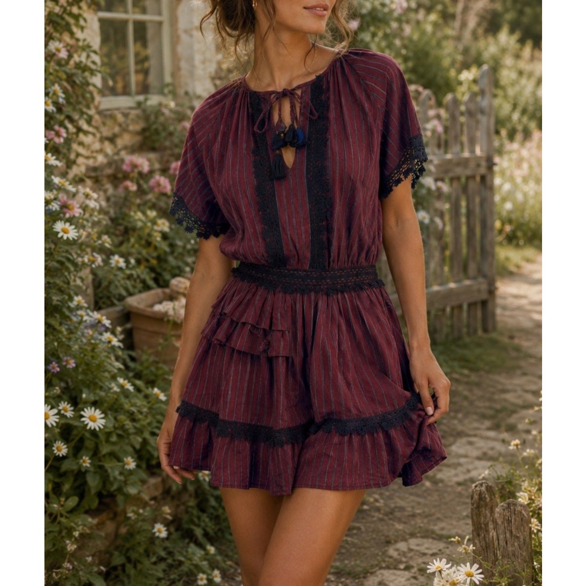 SEA New York Burgundy Stripe Lace Tassel Mini Dress Cottagecore Boho Size 4