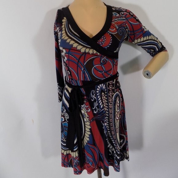 Body Central Paisley Stretchy Soft Dress Size Small Red Brown Blue Cream
