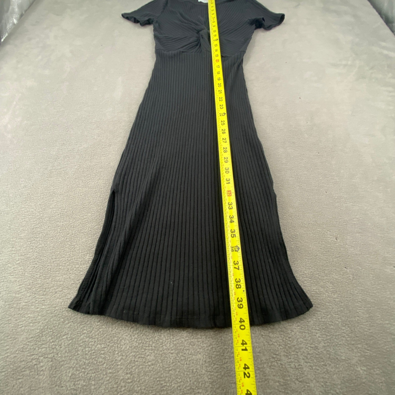Everly Black Ribbed Twist Front Short Sleeve Midi Bodycon Dress Side Slit Size M