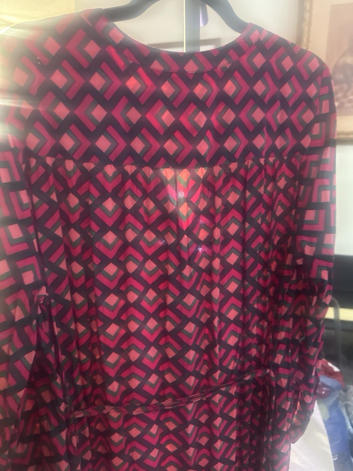 Terra & Sky Geometric Print Button Front Midi Dress 0X Pink Black Belted