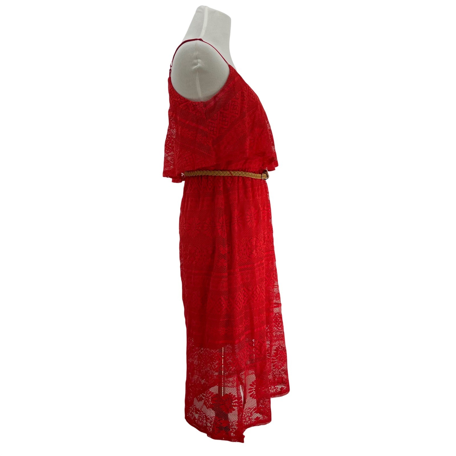 Charlotte Russe Size Medium Midi Dress Red Lace Flounce Belted Y2K Womens