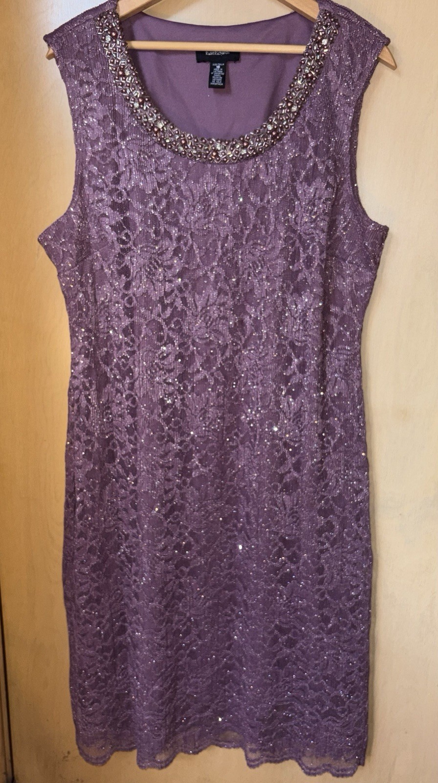 R&M Richards Purple Lace Beaded Scoop Neck 2pc Sheath Dress 16 Knee Length